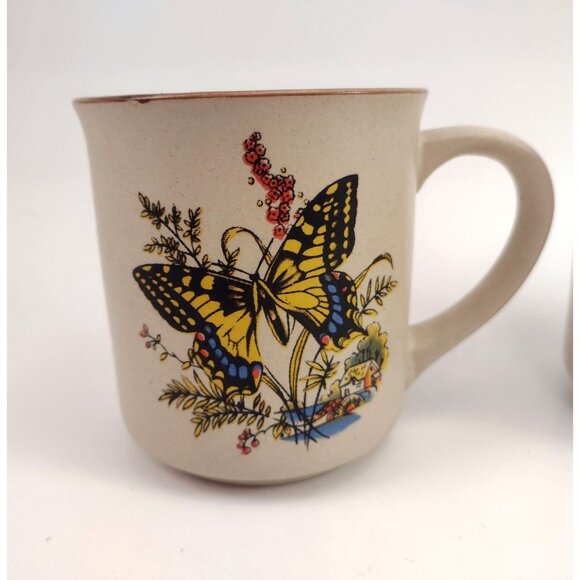 Vintage MCM Butterfly Stoneware Coffee Mugs Tea Cup Set Of 3 Yellow Orange - Picture 7 of 11